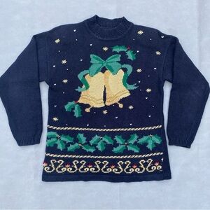 Vntg Christmas Embroidered Bell Mistletoe Pullover Crew Sweater Women’s S